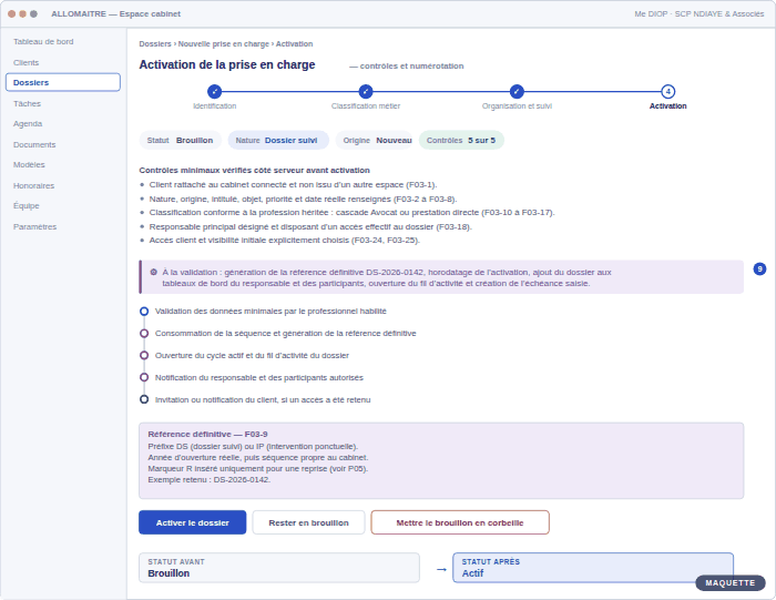 Maquette ALLOMAITRE — Activation d’une prise en charge